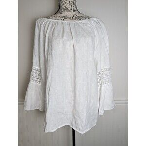 Alessia Pacini White Linen Top Peasant Bell Eyelet Sleeve Blouse Womens M